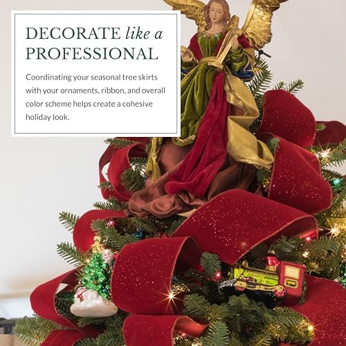 Balsam Hill Elizabeth Beaded Christmas Tree Skirt - Cranberry, Silver & Gold Luxury Tree Skirts with Hand-Applied Beads for Tree Decor, Silver, 60"