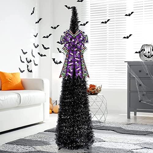 Large Halloween Wreath Bows, Black White Stripe Buffalo Bows for Wreath Glitter Dot Purple Plaid Bows for Front Door Candy Skull Cat Tree Topper Bows for Halloween Party Home Indoor Outdoor Decor