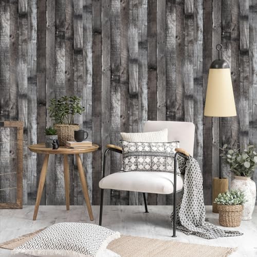 Peel and Stick Wood Wallpaper Grey/Black Vinyl 17.3"×1200" Contact Paper Self Adhesive Thick Waterproof Self Adhesive for Cabinets liveroom - color: Grey/Black, size: 17.3" x 1200"