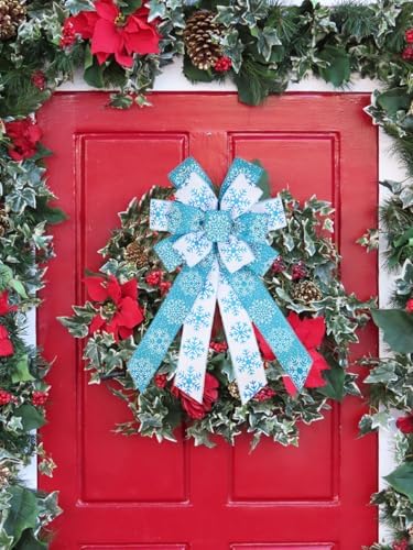 Large Christmas Bows for Wreath, Merry Christmas Wreath Bows White Blue Burlap Bow Winter Holiday Snowflake Craft Ribbon Xmas Tree Bows for Front Door New Year Decorations