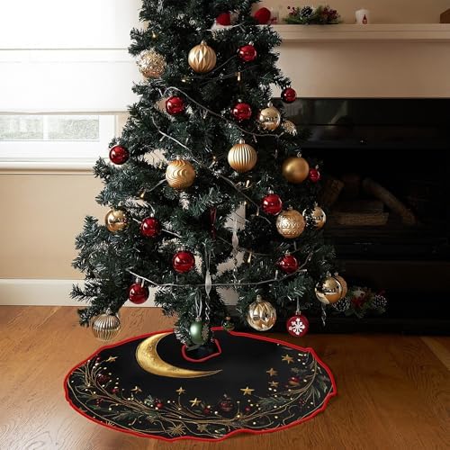 36 inches Red Christmas Tree Skirt Moon and Stars Xmas Tree Skirt by Leo Walker with Santa Claus Red Black Buffalo Plaid Edge Rustic Vintage Christmas Decorations for Holiday Party