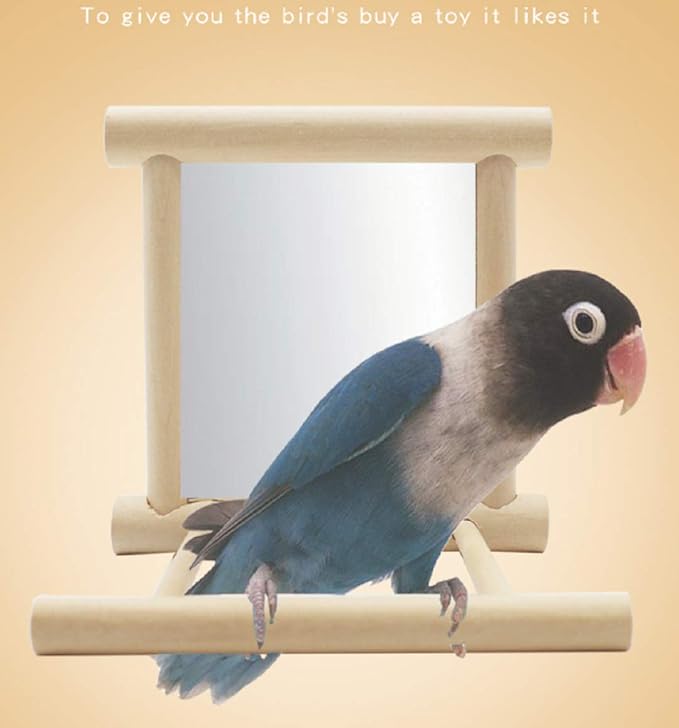 zmgmsmh Birds Mirror for Cage,Parrot Hanging Swing with Mirror,Natural Wooden Play Mirror Pet Bird Cage Accessories with Metal Hook