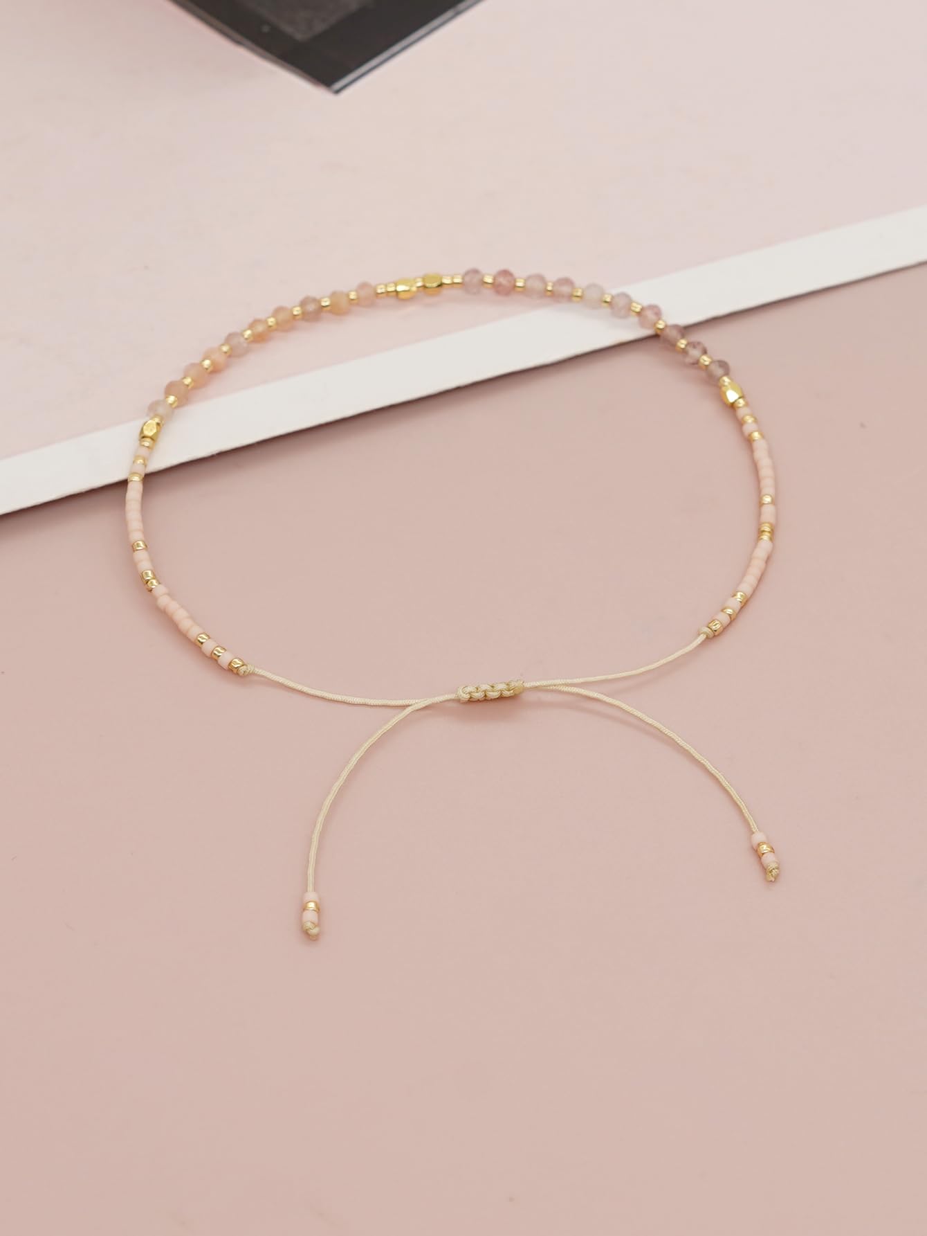 Agriajun Handmade Pink Gemstone Beaded Strand Bracelets for Women Dainty Adjustable Charm Beige String Braided Boho Gold Seed Beads Friendship Bracelets Fashion Jewelry Gift