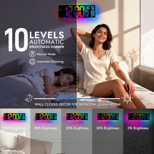 16.5" Large Digital Wall Clock with RGB LED Display & Backlight, Remote