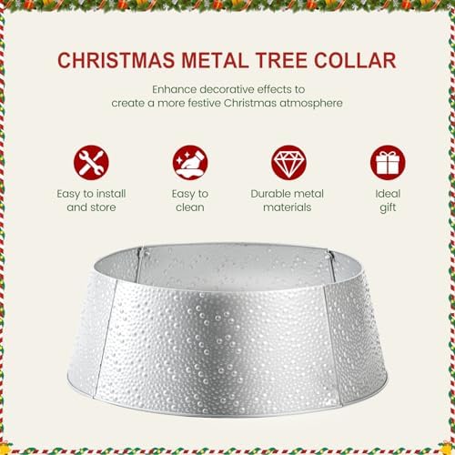 Sweetcrispy 26inch Metal Christmas Tree Collar, 4-Panel Base Cover for 7.5ft Artificial Trees, Rustproof & Easy Assembly, Sturdy & Durable for Holiday Decor, Sliver