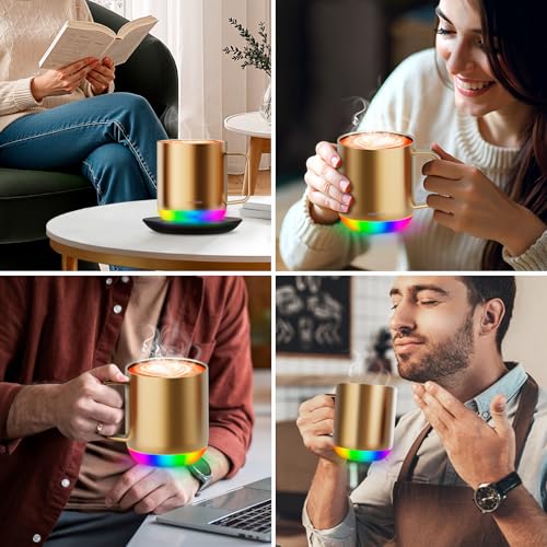 Vsitoo S6 Plus Smart Coffee Mug, 12oz,Temperature Controlled Mug & Electric Coffee Mug with Music Sync Lights,Auto-Sensing AI Heats Drinks to 120-150°F Hands-Free. Ideal for Home/Office/Gifts - Gold - color: Gold