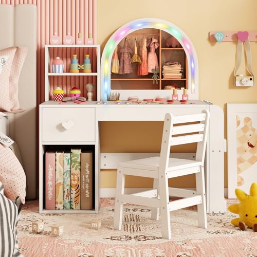 Costzon Kids Vanity, Girls Vanity Set with Lighted Mirror, Bookshelf, Drawer, Storage Cabinet & Shelves, Toddler Makeup Vanity Desk Dressing Table, Wooden Kids Vanity Table and Chair Set (White) - style: White with Bookshelf