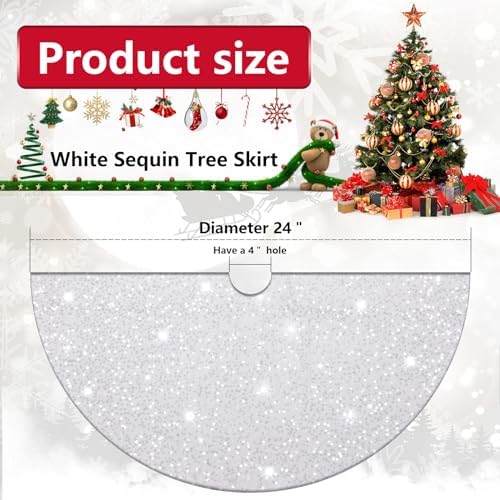 yuboo Mini White Velvet Tree Skirt 24 inch, Small Table Top Christmas Tree Skirt with Glitter Sequin for White Pearl Christmas Decorations