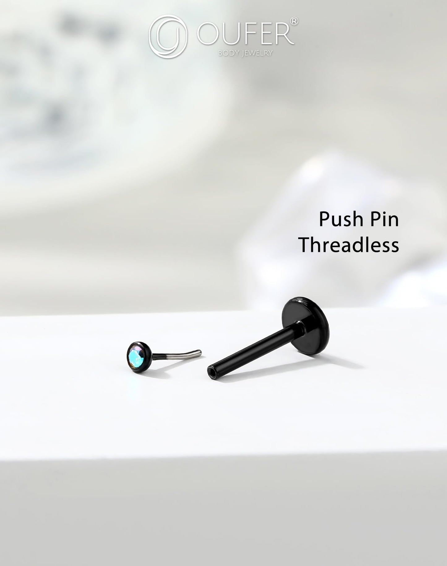 OUFER 2Pcs Black AB Nose Studs, 18G G23 Solid Titanium Threadless Stud Earrings Flat Back Tiny CZ 2MM Nose Helix Cartilage Tragus Conch Piercing Jewelry-6MM