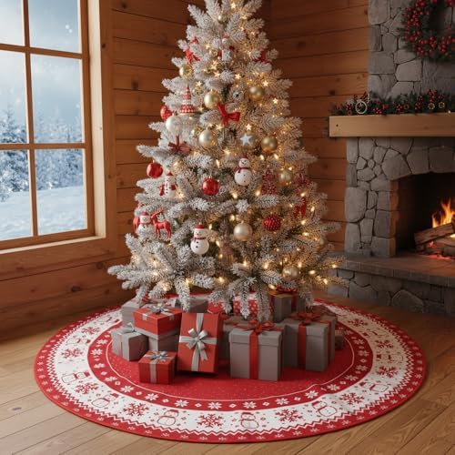 Jenaai Christmas Tree Skirt 48 Inch, Red and White Xmas Tree Mat with Winter Snowflake Snowman for Christmas Decorations Holiday Party Indoor Outdoor Home Decor