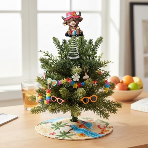 Gejoy Summer Highland Cow Miniature Tree Topper, 5.1 Inch Mini Highland Cow Tree Topper Decorations, Summer Beach-Themed Resin Cattle Figurine for Home Rustic Farmhouse Table Decor, Ideas
