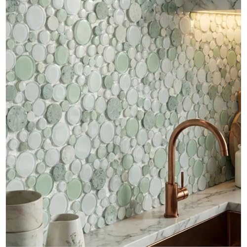 Tenedos Bubbles Snow Dove Glass and White Marble Mosaic Tile, Frosted & Polished Finish, 10.5"x10.5" Mesh Mounted for Wall, Backsplash & Bathroom Use