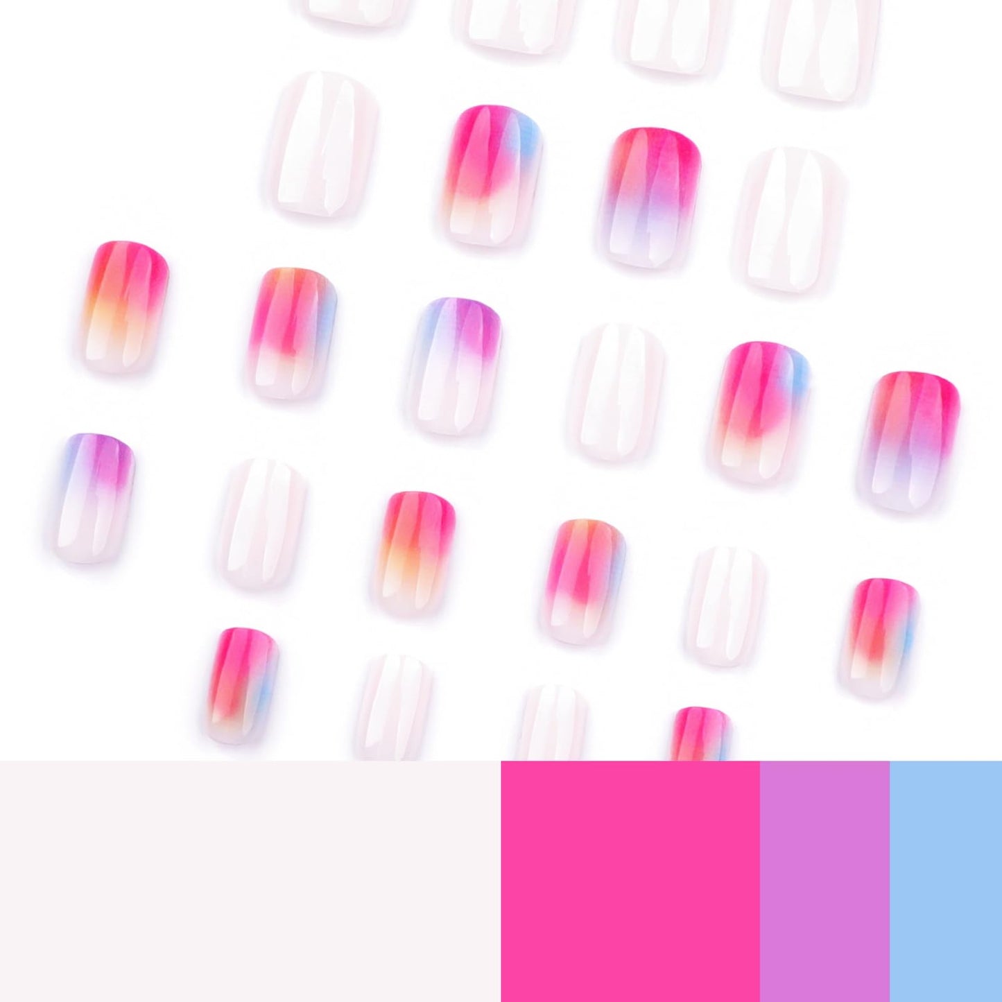 Gentle Claws Haute Press On Nails | Nubela | Gradient Pink, Blue, Orange Multicolor Short Square Nails with Shimmery Glossy Finish