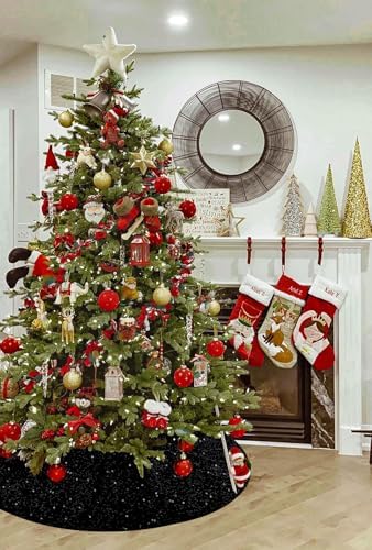 Black Christmas Tree Skirt 36 Inch Halloween Small Sequin Tree Skirt Tree Skirt Cover for 4ft Christmas Tree Decorations