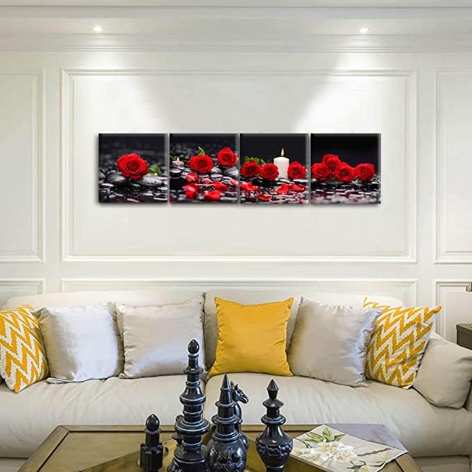 Yxbhhym-Zen Bathroom Wall Art Rose Picture Black and Red Wall Decor Flower Canvas Prints Meditation Poster Framed Wall Art for Living Room Bedroom Accessories Room Décor Spa Stone Decorations