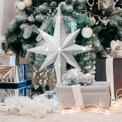 Civaner 11" Bethlehem Star Tree Topper Silver Glitter Christmas Star Tree Topper Vintage Decorative Christmas Ornaments for Home Xmas Party Holiday Decor