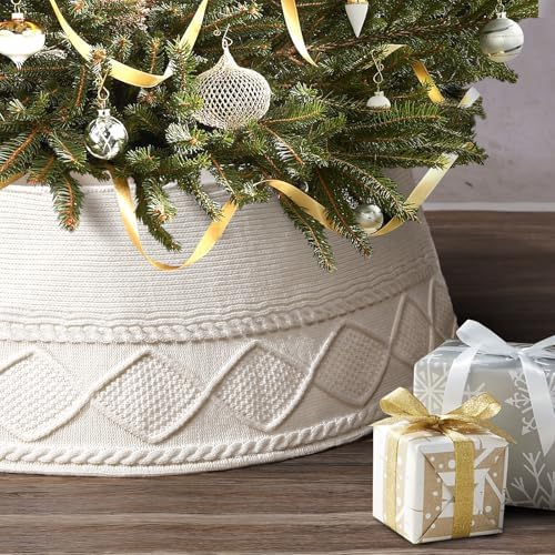 NIBESSER Knit Christmas Tree Collar White 30 Inches Ivory Tree Skirt Ring Tree Basket Plastics Sheets with Collar Cover Holiday Home Party Christmas Tree Decoration Xmas Ornaments
