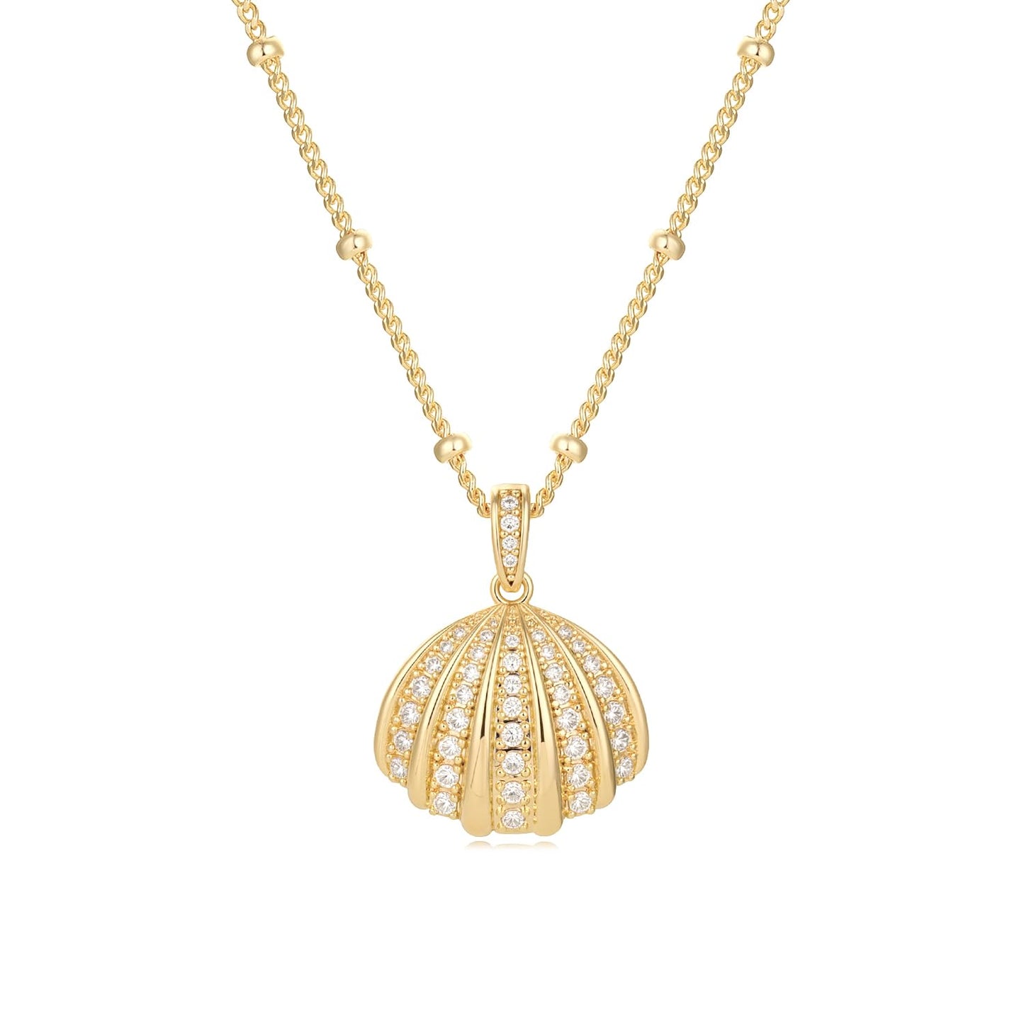 MYEARS Women Gold Necklace Clam Shell Pendant Cubic Zirconia 14K Simple Dainty Satellite Chain Everyday Summer Beach Jewelry