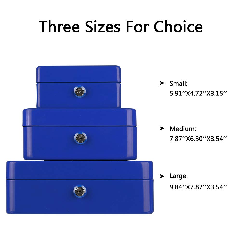 KYODOLED Large Lock Box with Money Tray,Storage Cash Box with Lock,Safe Metal Box for Money,9.84"x 7.87"x 3.54" Blue Large