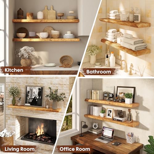 Live Edge Floating Shelf 55 Inch Extra Long | Solid Rustic Elm Wood with Invisible Brackets | Wall Mounted Shelf for Living Room, Kitchen, Bathroom | Natural - color: Clear Natural, size: 55"L, 1-Pack