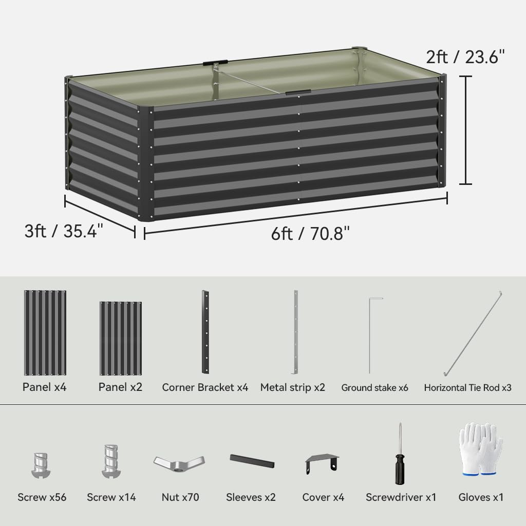 COMHOMA Galvanized Raised Garden Bed,6x3x2ft Large Metal Planter Box for Outdoor Vegetables,Corrugated Steel Herbed Plants Container,Extra Deep Gardeners Kits with Open Bottom