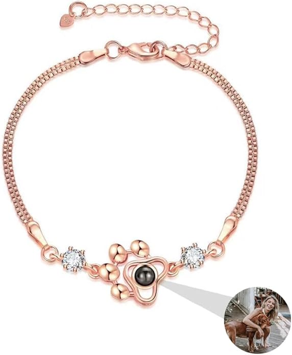 Wexibauyl Custom Photo Projection Bracelet Dog Paw Bracelets Personalized Photo Bracelet with Picture inside Pet Dog Cat Paw Charm Picture Bracelets for Christmas Anniversary