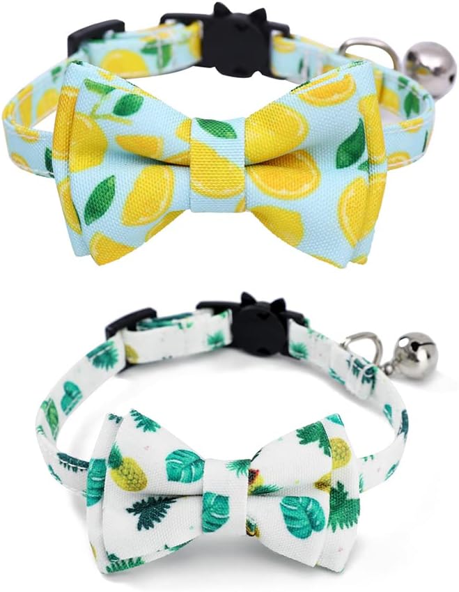 Bnibol 2-Pack Breakaway Cat Collars with Removable Double-Layer Bow Tie and Bell for Boy and Girl Cats Safety Kitten Collars Suitable for Festivals and Daily. (Rainbow)