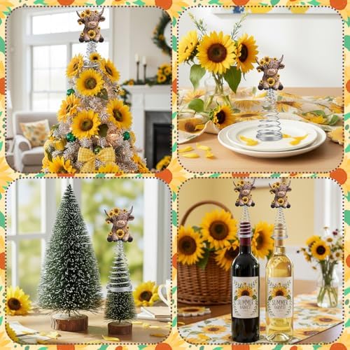 Gejoy Sunflower Highland Cow Miniature Tree Topper, 5.1 Inches Mini Resin Cow Treetop Decorations & Metal Spring Base, Cute Calf Lover Gifts for Farmhouse Kitchen Holiday Tiered Tray Desk Decor