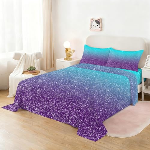 Gradient Blue Purple Sheet Set for Kids Twin Size Dreamy Fitted Sheet Set Glitter Sheet Soft Microfiber 3-Piece Sheet Set 1 Fitted Sheet+1 Flat Sheet+1 Pillowcase Cartoon Bedding Set - color: Blue and Purple, size: Twin