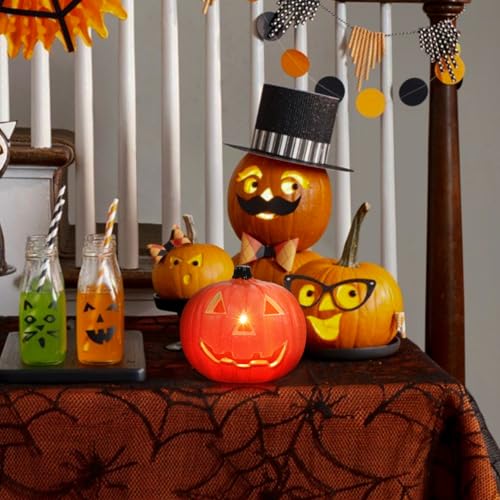 Housoutil Hollow Out Jack-o-Lantern Orange Decor Outdoor Plant LED Lanterns Halloween Pumpkin Table Light Artificial Glowing Pumpkins LED Halloween Pumpkin Light Plastic Orange Party Decor