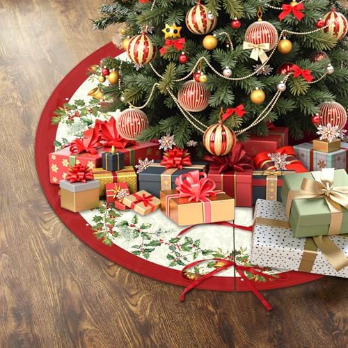 Red and Cream Christmas Tree Skirt 30 Inch Xmas Poinsettia Flowers Tree Skirt Winter Red Floral Christmas Tree Mat for Xmas Farmhouse Home Party Holiday Indoor Outdoor Decorations
