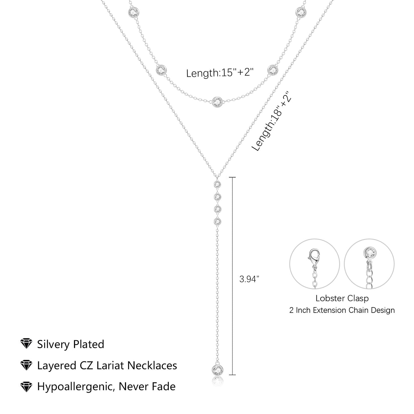 Luxval Long Silver Necklace for Women- Dainty Silver Teardrop Drop Lariat Necklace Trendy Layered Simple CZ Y-Shaped Body Chain Stack Wedding Prom Dangle Statement Necklace Jewelry Gifts