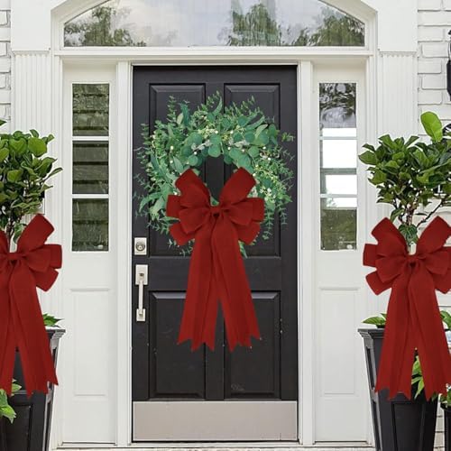 Meseey Double Pack 20X10 Inch Oversized Burgundy Burlap Bows Farmhouse Christmas Tree Topper & All-Weather Wreaths Decor, Heavy Duty Gift Wrapping Accents for Front Door/Cabinet (Burgundy)