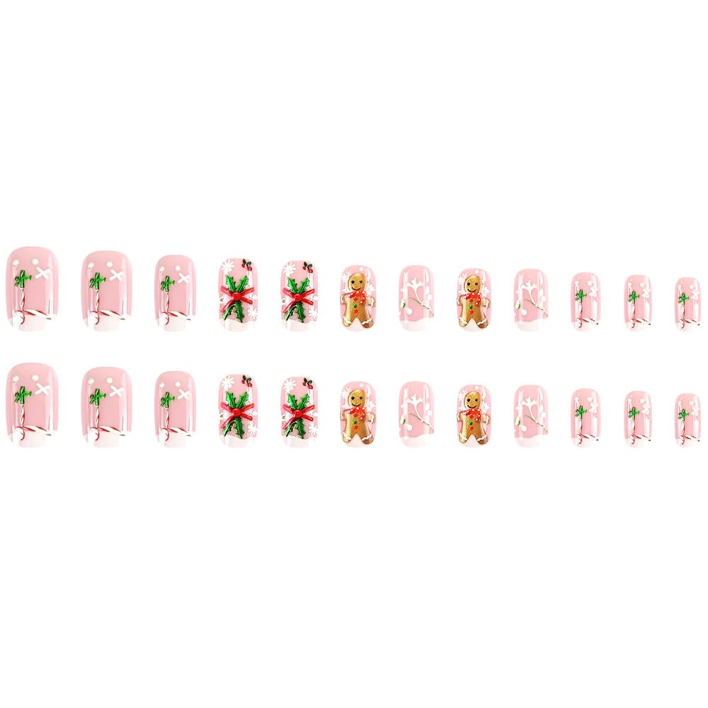 Christmas Press on Nails Medium, Square Winter French Fake Nails with Gingerbread Man Snowflake Designs, Acrylic Nails Press ons Artificial Nails Stick on Nails for Women 24Pcs