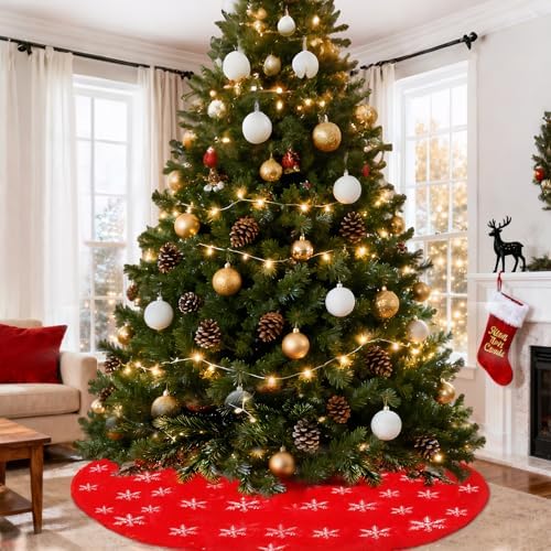 Christmas Tree Skirt, 48 Inch Red Luxury Faux Fur & Silver Sequin Snowflakes, 4ft Xmas Tree Skirt for Holiday Tree Ornaments Christmas Party Home Decorations