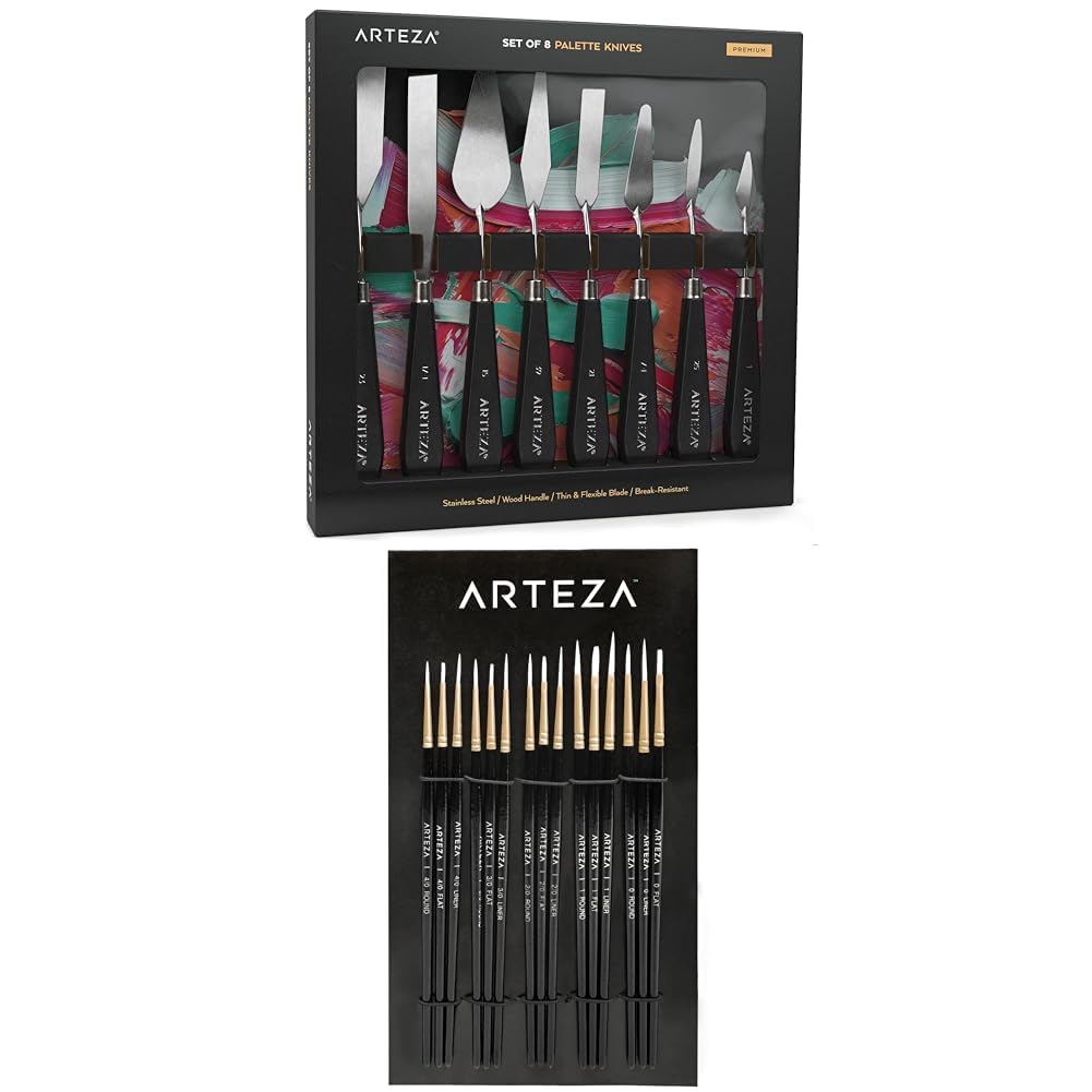 Arteza Palette Knives 8-Pack, Sizes No. 1 and Detail Paint Brushes Set of 15