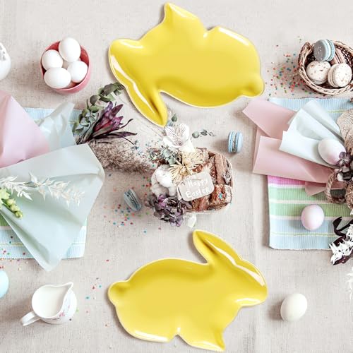 Jinei 4 Pcs Easter Bunny Shaped Plates Ceramic Serving Candy Dishes Rabbit Dinner Tray Salad Dessert Appetizer Plates Dinnerware for Easter Party Spring Garden Tea Party Supplies(Yellow) - color: Yellow