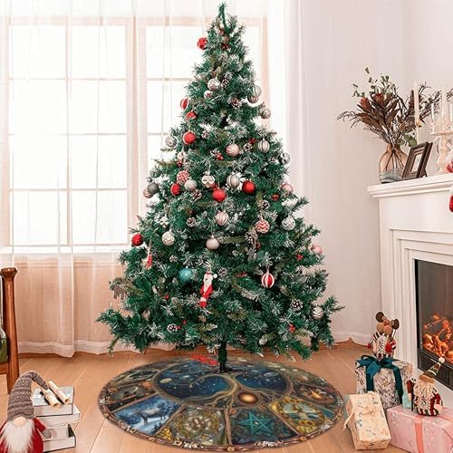 Novelty Wheel of The Year Christmas Tree Skirt 36 Inch Xmas Tree Mat Party Decor Supplies for Holiday Home Decorations