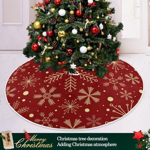 Christmas Tree Skirt 36 inch Xmas Tree Skirt Golden Snowflakes Red Xmas Christmas Tree Mat for Merry Christmas Party Christmas Tree Decoration Indoor Outdoor