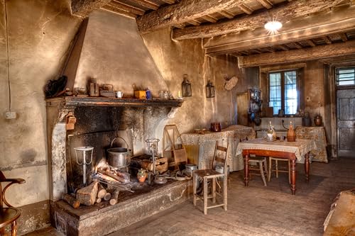 5x3ft Old Farmhouse Kitchen Backdrop Western Old Wooden House Kitchen Interior Rustic Background Rural Farmhouse Fireplace Cooking Background Farmers Cowboys Portrait Photo Props - size: 5x3ft