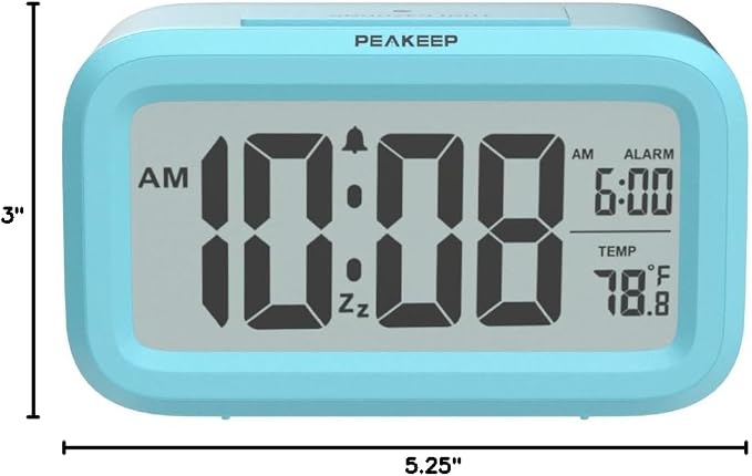 Peakeep Night Light Digital Alarm Clock Battery Operated Indoor Temperature | Small Cordless Cute Clock for Bedroom Desk Travel, Simple to Use for Teens Kids (Blue)