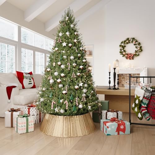 ELYKEN Gold Christmas Tree Collar, 33 Inch Woven Xmas Tree Skirt Cord Cut-Out - Protects Tree Base from Pets, Stylish Holiday Tree Skirt Alternative, Round Tree Ring for Christmas Tree Decor
