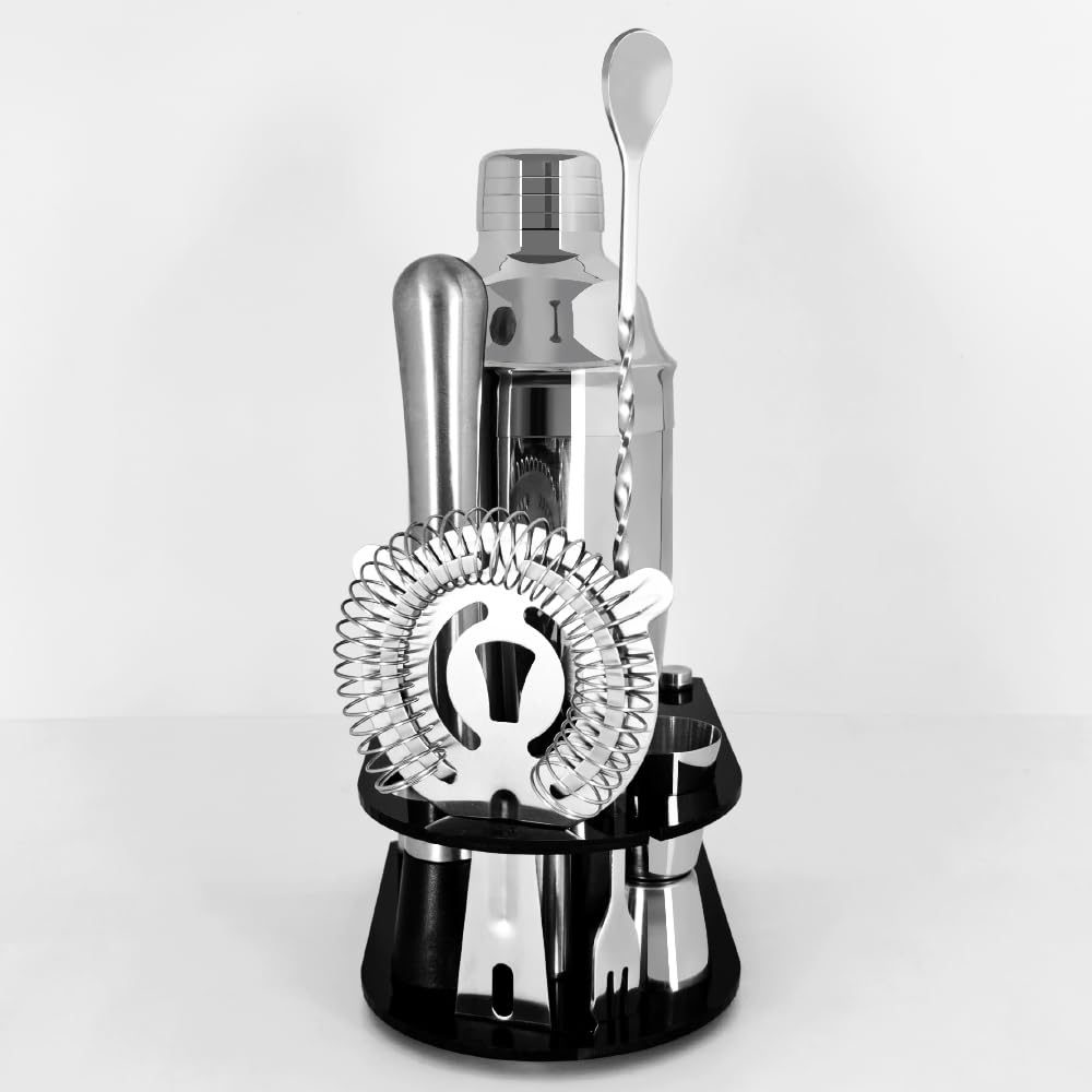 Cocktail Shaker Bartender Kit: 5 Piece Stainless Steel Bar Set, Cocktail Shaker Set with Stand, Drink Mixing Kit Includes Shaker,Strainer,Jigger, Bar Mixer Spoon, Muddler (750ml(25oz))