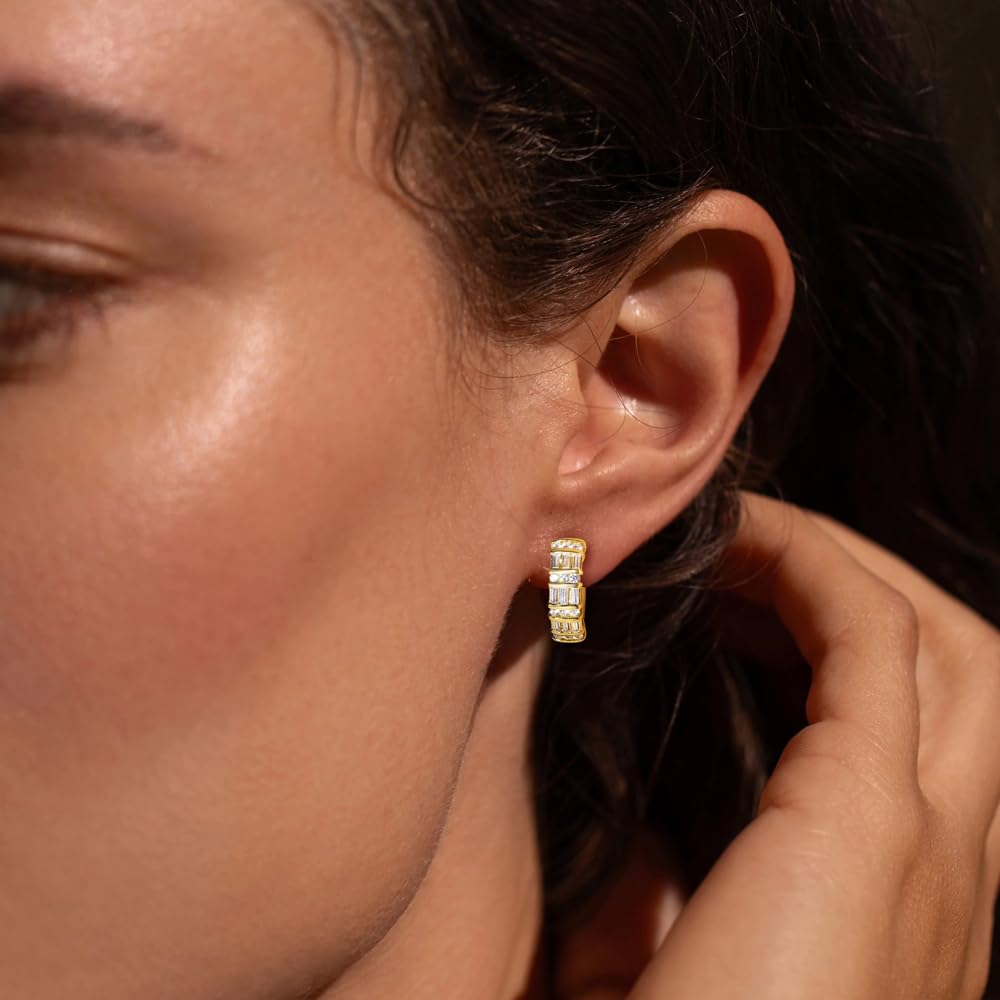 RANDES 14K Gold Plated Cubic Zirconia Small Hoop Earrings for Women Silver Created-Diamond Earring Thick Huggie Hoop Earrings