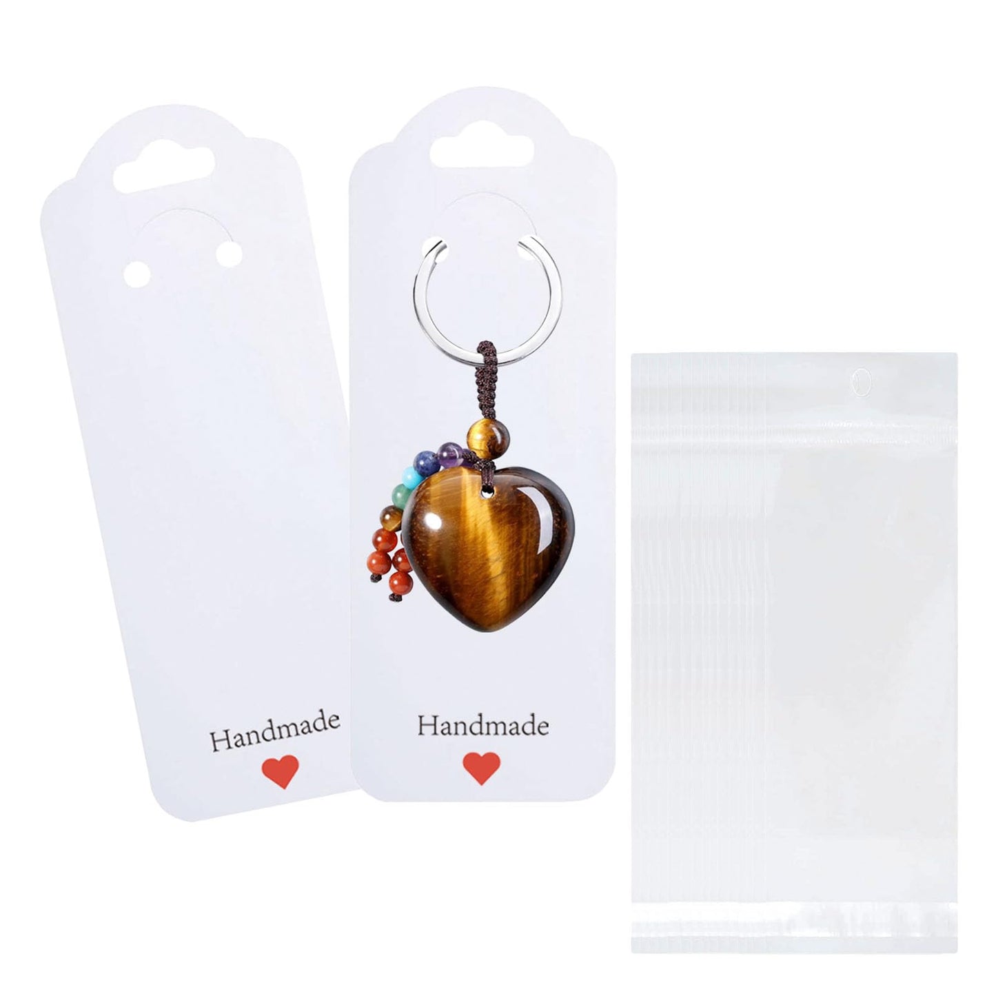 100PCS Keychain Display Cards with Clear Bags, 2.16'' x 6'' Handmade with Love Kraft Paper Jewelry Cards for Small Business Selling, Bulk Keychains Packaging Supplies (White)