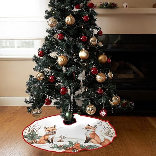 Foxes Christmas Tree Skirt by Leo Walker Large Merry Christmas Tree Rug Skirts Rustic Farmhouse Xmas Mat for Holiday Festival Party Decor