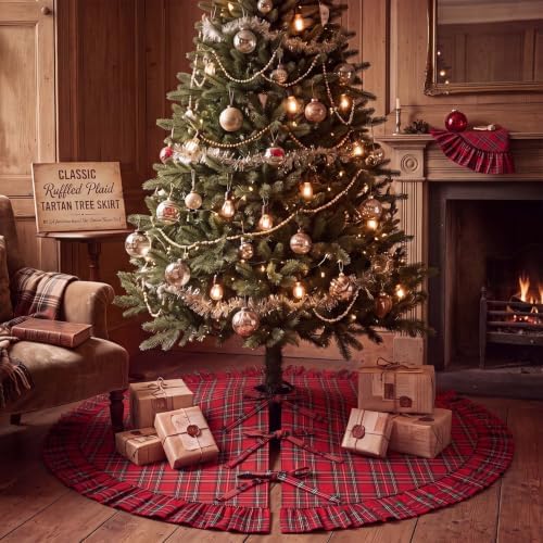48 Inch Plaid Christmas Tree Skirt with Ruffle, Red Green