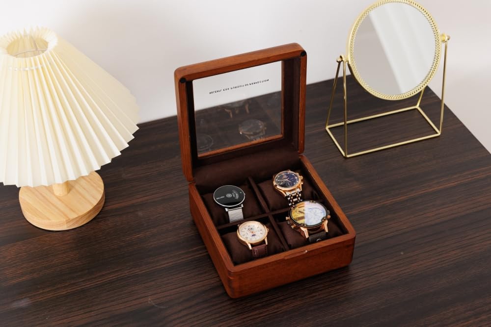 LIBOLXSP Watch Box, Watch Case for Men Women with Large Glass Lid, Wooden Watch Display Storage Box with 4 Slots, Solid Wood Walnut Mens Watch Box Organizer Velvet Lining for Fatherโs Day Gift