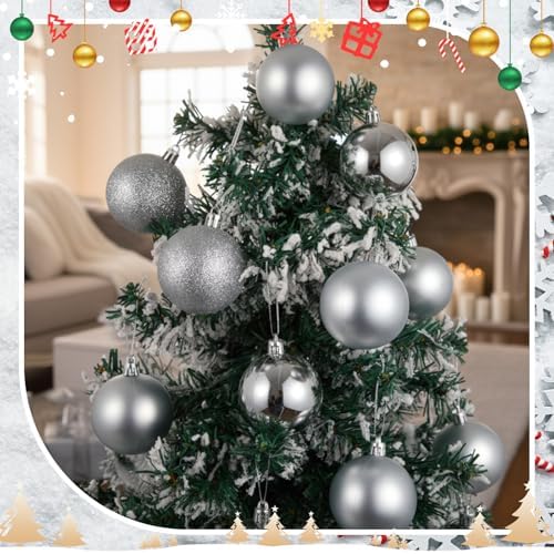 RoundFunny 25 Pcs Mini Christmas Balls Ornaments Set 2.36 Inch Christmas Day Ball Topper Star Tree Hanging Ornaments for Party Decoration(Silver)