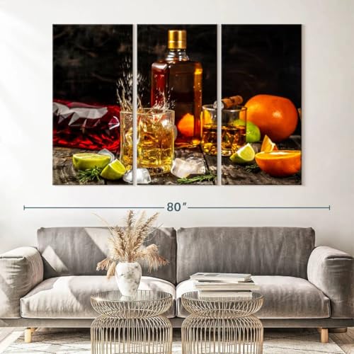 ElephantStock - Citrus Whiskey And Cigar Wall Art - Horizontal Multi Panel Canvas - 3 Piece Living Room Wall Decor - Photography Food And Drink Multi Piece Wall Art - Brown And Gray Decor - 65" x 42" - size: 65L" x 42W"
